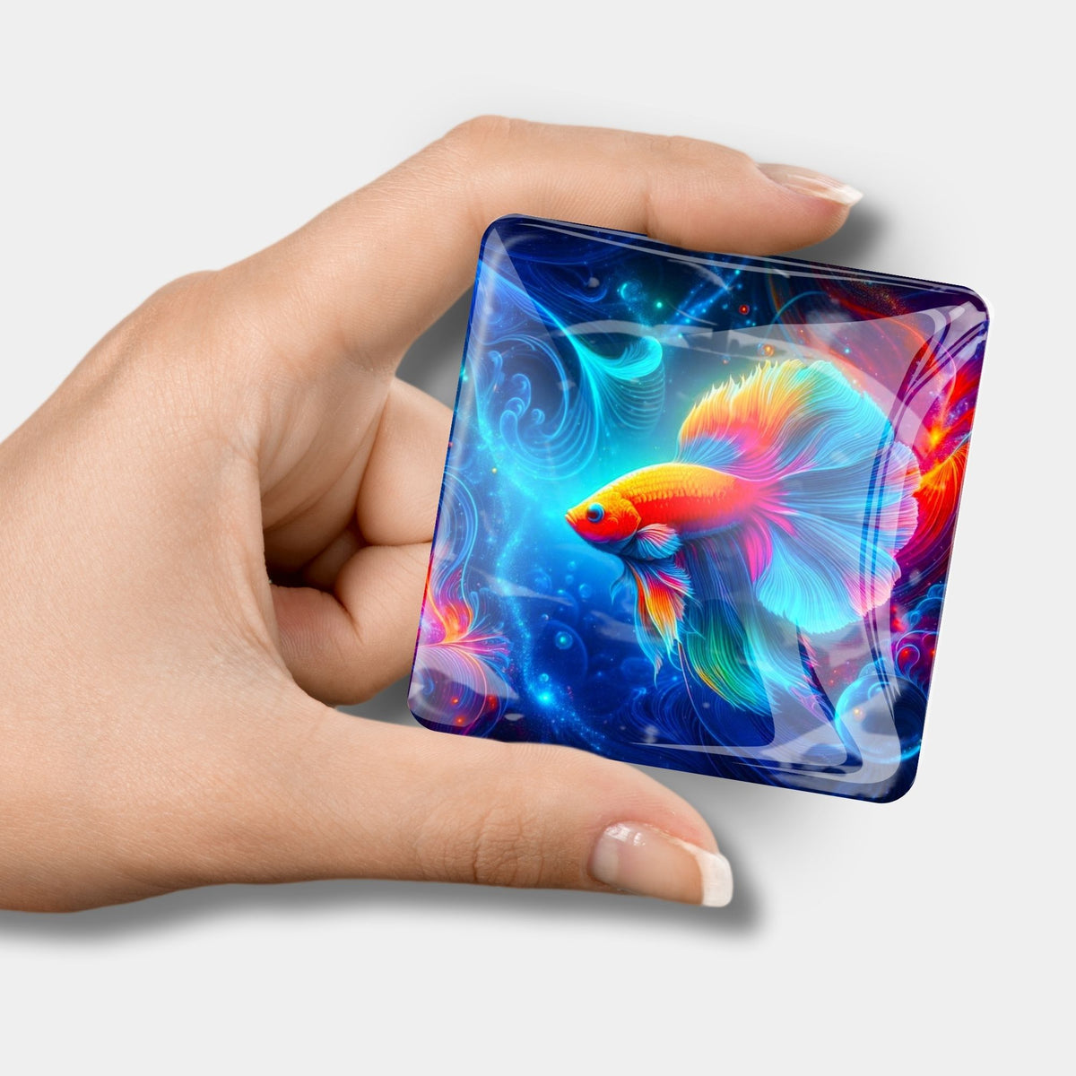 Magischer Cover Minder mit buntem Fisch Motiv als praktisches Zubehör für Diamond Painting Projekte