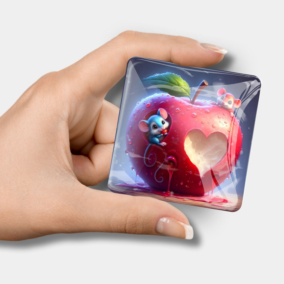 Glas Cover Minder Liebe im Mäusehaus mit zwei niedlichen Mäusen im Apfel als Zubehör für Diamond Painting Sets