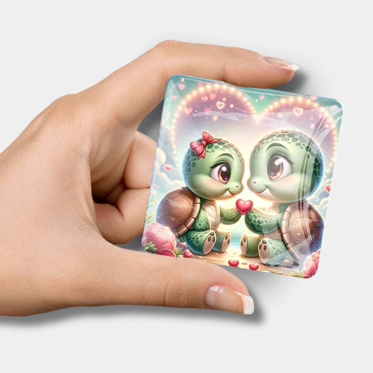 Glas Cover Minder für Diamond Painting mit niedlichem Paul und Paulinchen Schildkröten-Motiv in Herzform