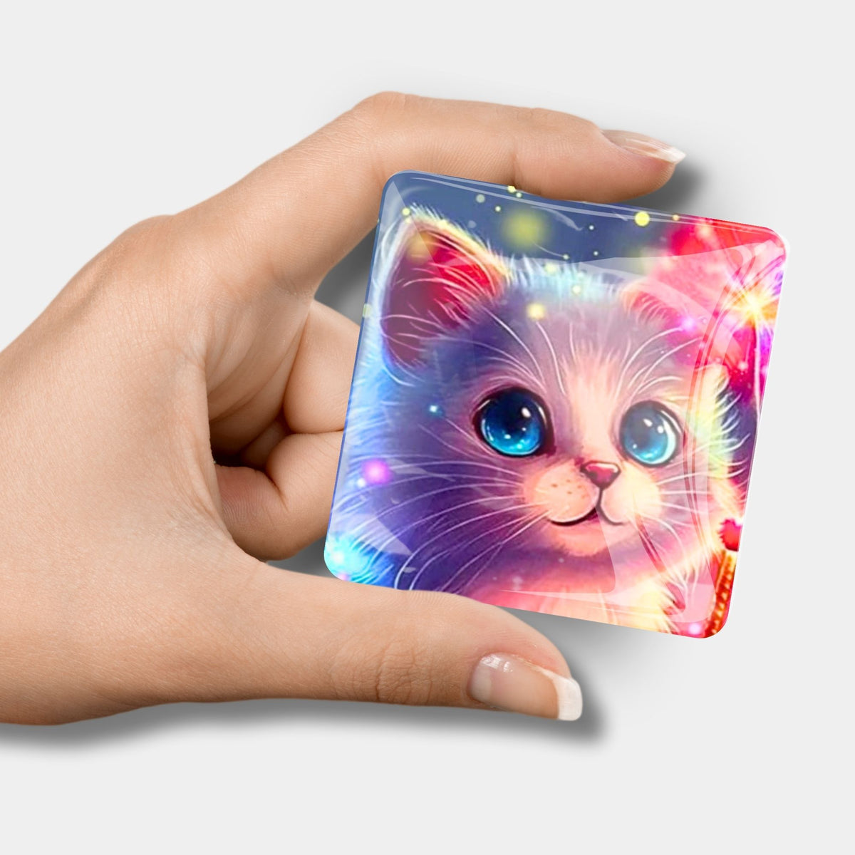 Quadratischer Diamond Painting Cover Minder Zauberkätzchen mit buntem Katzenmotiv als praktisches Magnet-Zubehör