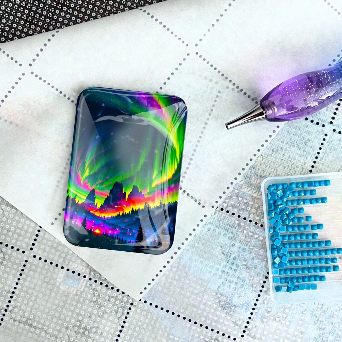 Glas Cover Minder Nacht der bunten Lichter für Diamond Painting Zubehör auf Leinwand mit Stift und blauen Steinchen