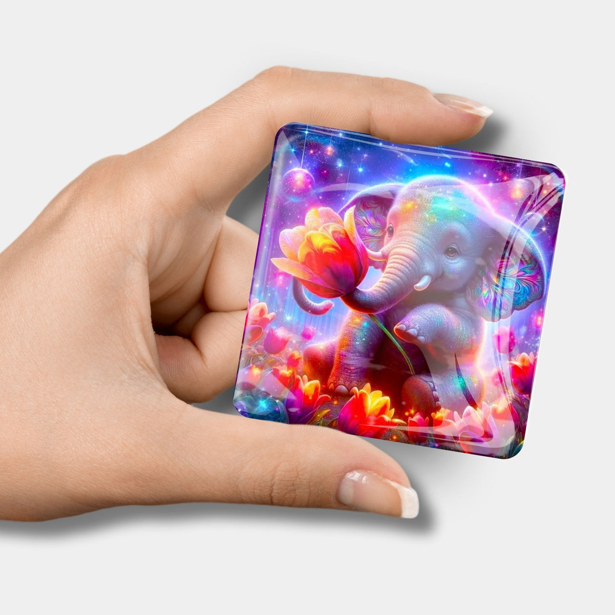Quadratischer Diamond Painting Cover Minder mit süßem Elefantenmädchen Motiv, gehalten in der Hand