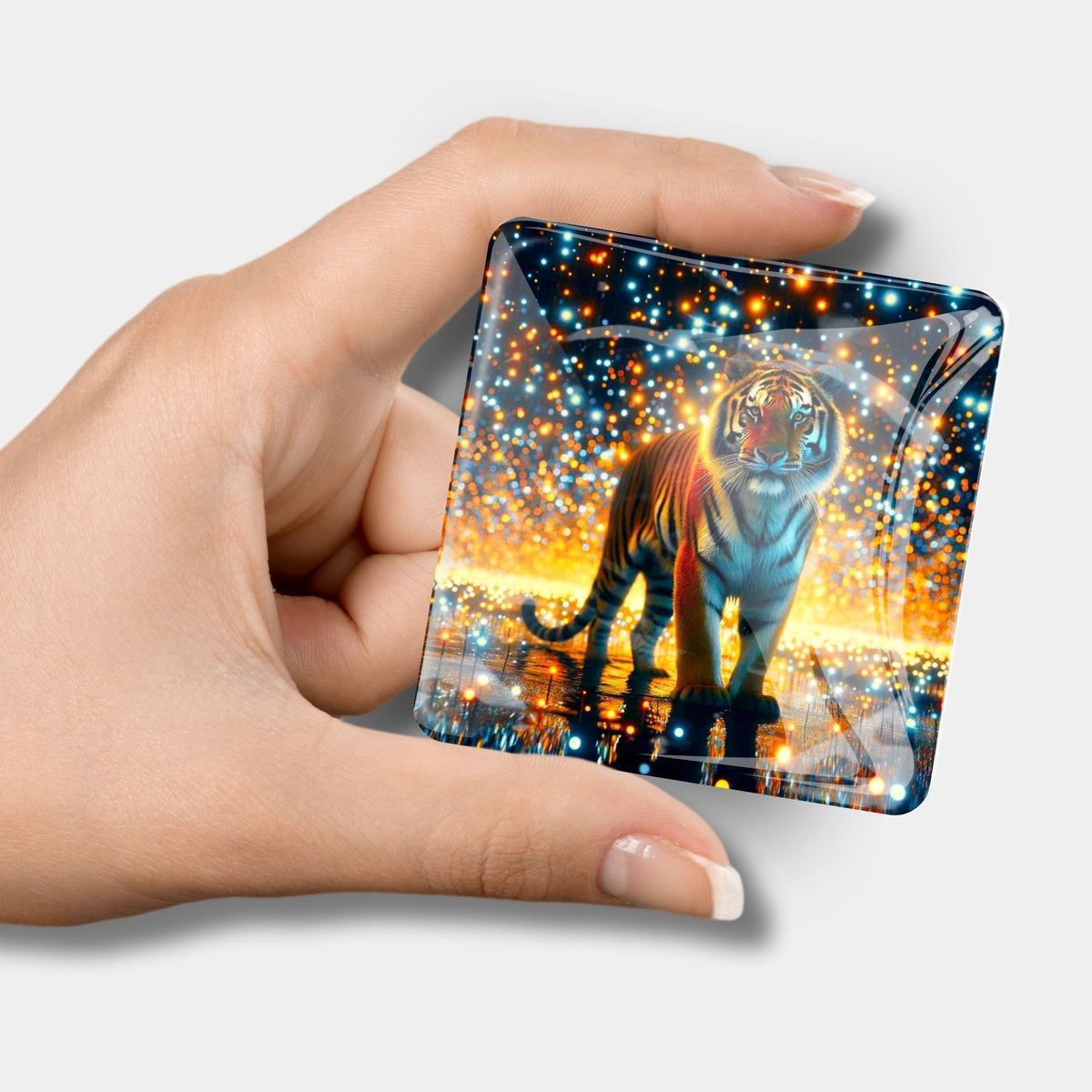 Quadratischer Cover Minder mit Tiger-Motiv aus Glas als Zubehör für Diamond Painting und Bastelsets