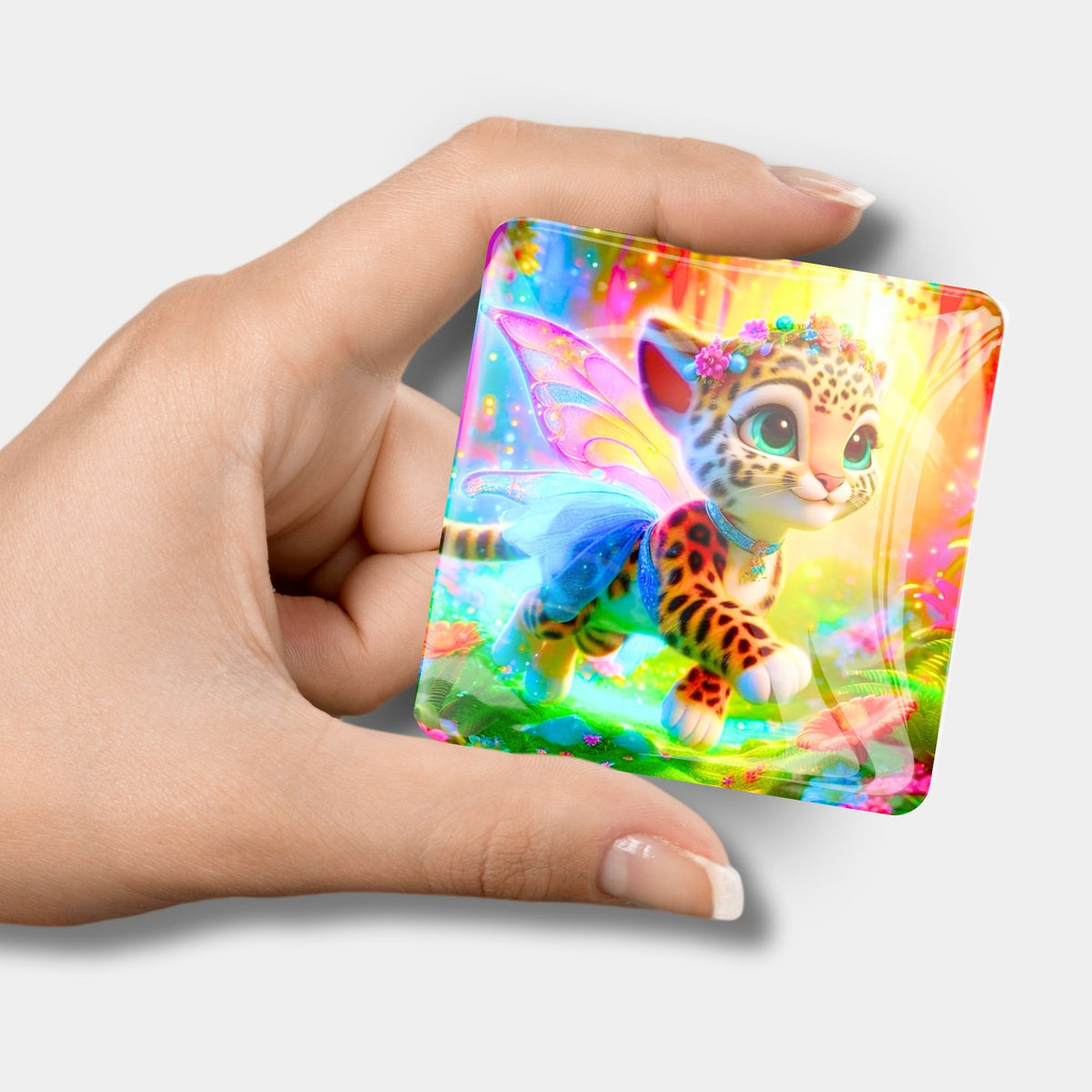 Glas Coverminder Finja die Tigerfee für Diamond Painting Zubehör mit farbenfrohem Motiv in der Hand gehalten