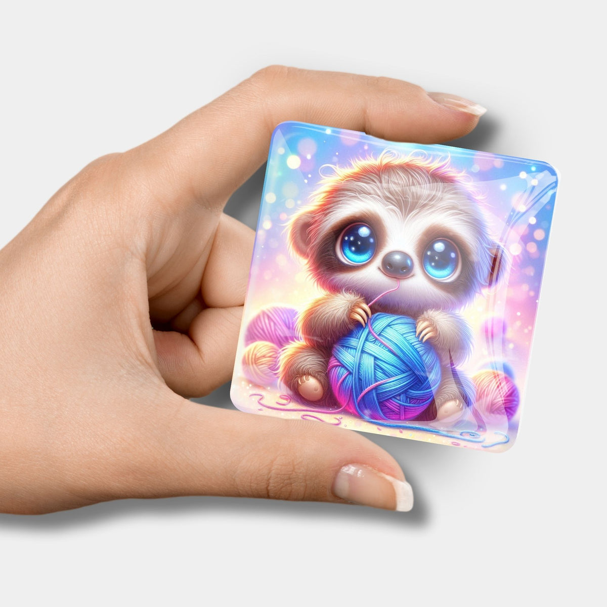 Glas Cover Minder für Diamond Painting mit süßem Faultier Otto Wollo Motiv und blauem Wollknäuel in der Hand