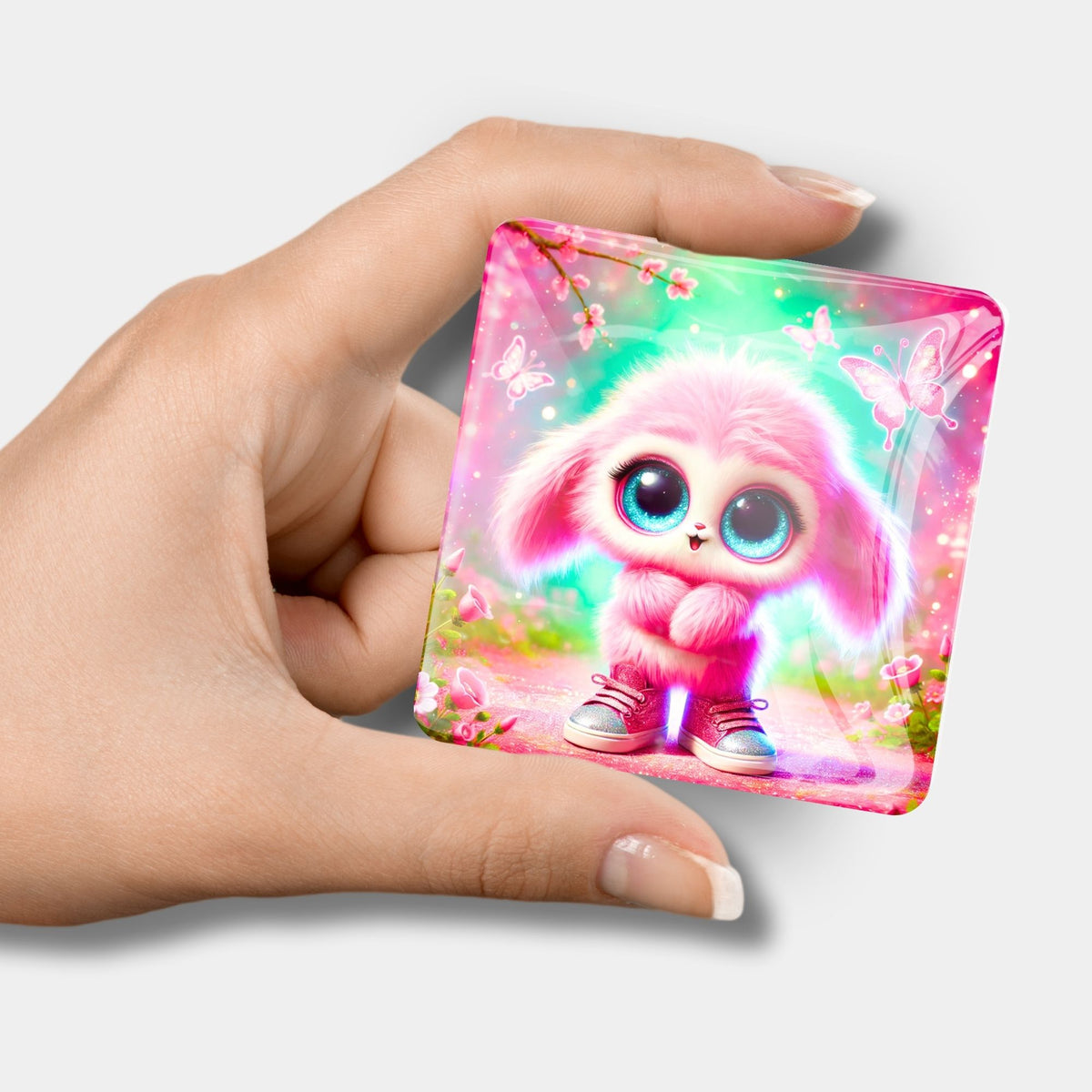 Pink Fluffel Knuffel Cover Minder aus Glas für Diamond Painting mit süßem Motiv in der Hand gehalten