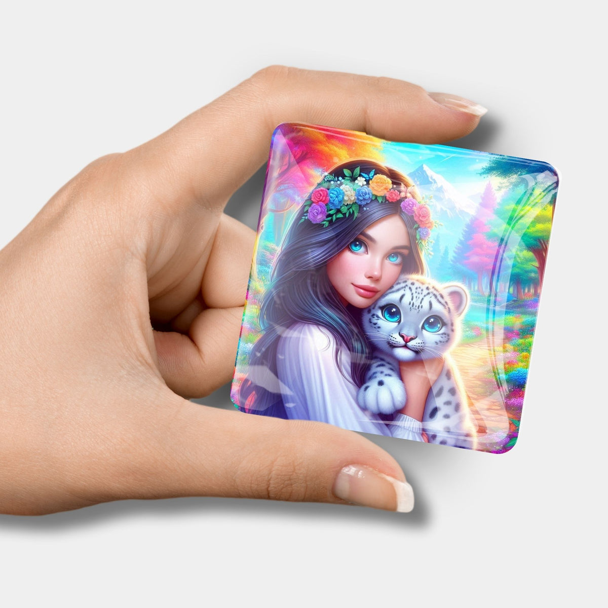 Quadratischer Amira's Paradies Cover Minder aus Glas für Diamond Painting mit buntem Mädchen- und Schneeleoparden-Motiv