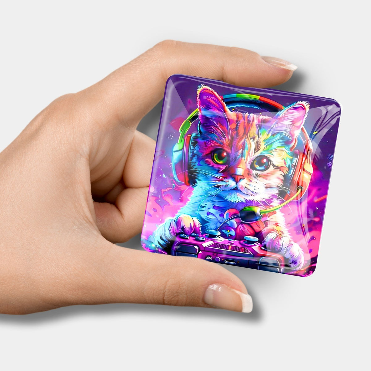 Bunter Diamond Painting Cover Minder Motiv Gaming Cat mit Kopfhörer und Controller als magnetische Halterung