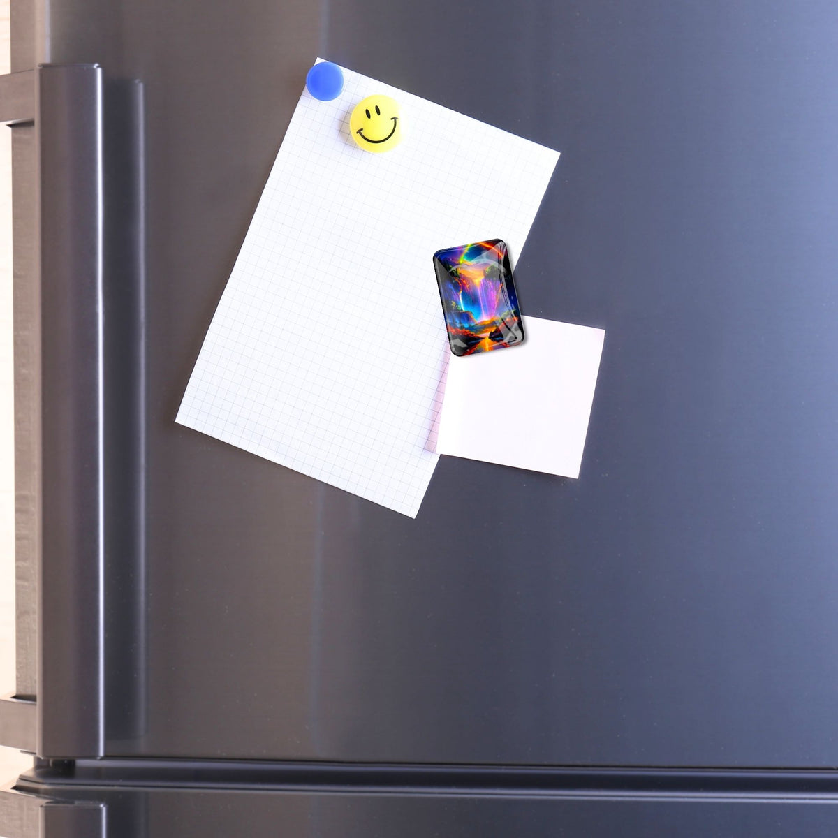 Magnetischer Diamond Painting Cover Minder Motiv Nachtleuchten am Wasserfall aus Glas an einer Kühlschranktür
