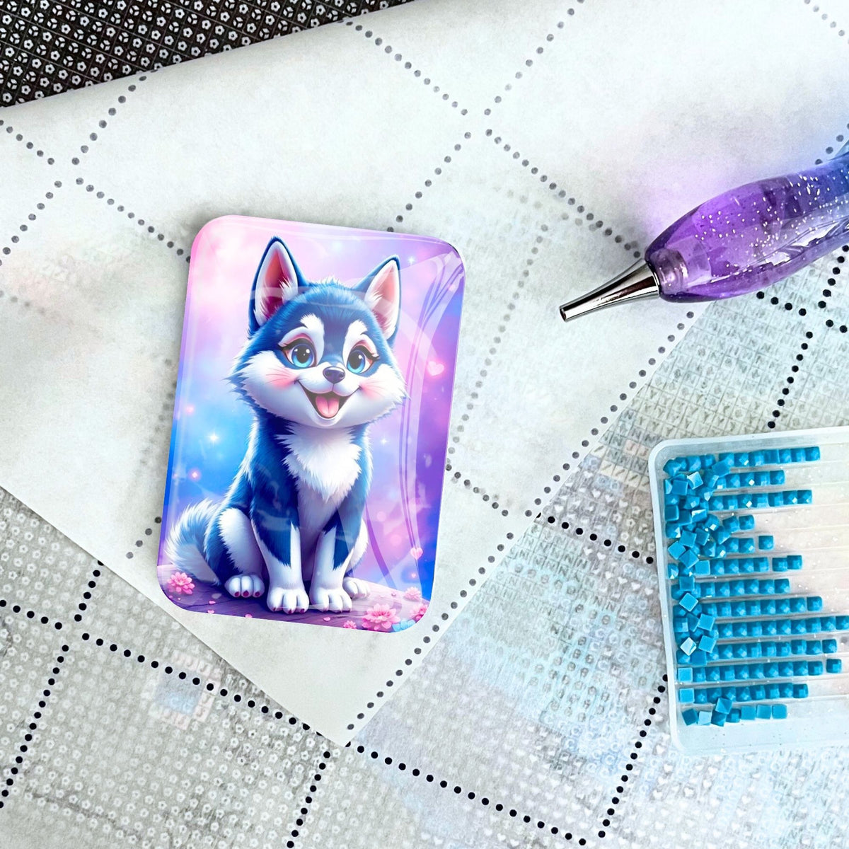 Süßer Husky Cover Minder auf Diamond Painting Leinwand mit Glitzer-Stift und blauen Diamanten