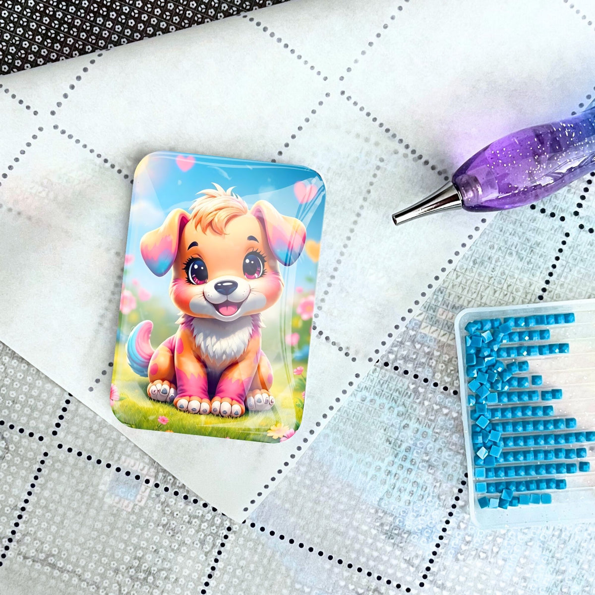 Puschel Cover Minder für Diamond Painting mit buntem Welpen-Motiv auf einer Leinwand mit Stift und Steinchen