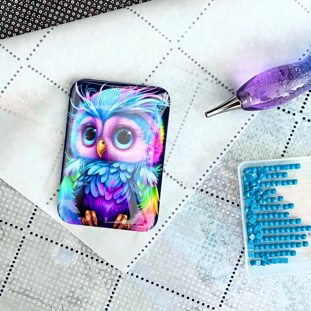 Bunter Eulen-Coverminder aus Glas für Diamond Painting auf einer Leinwand mit passendem Zubehör