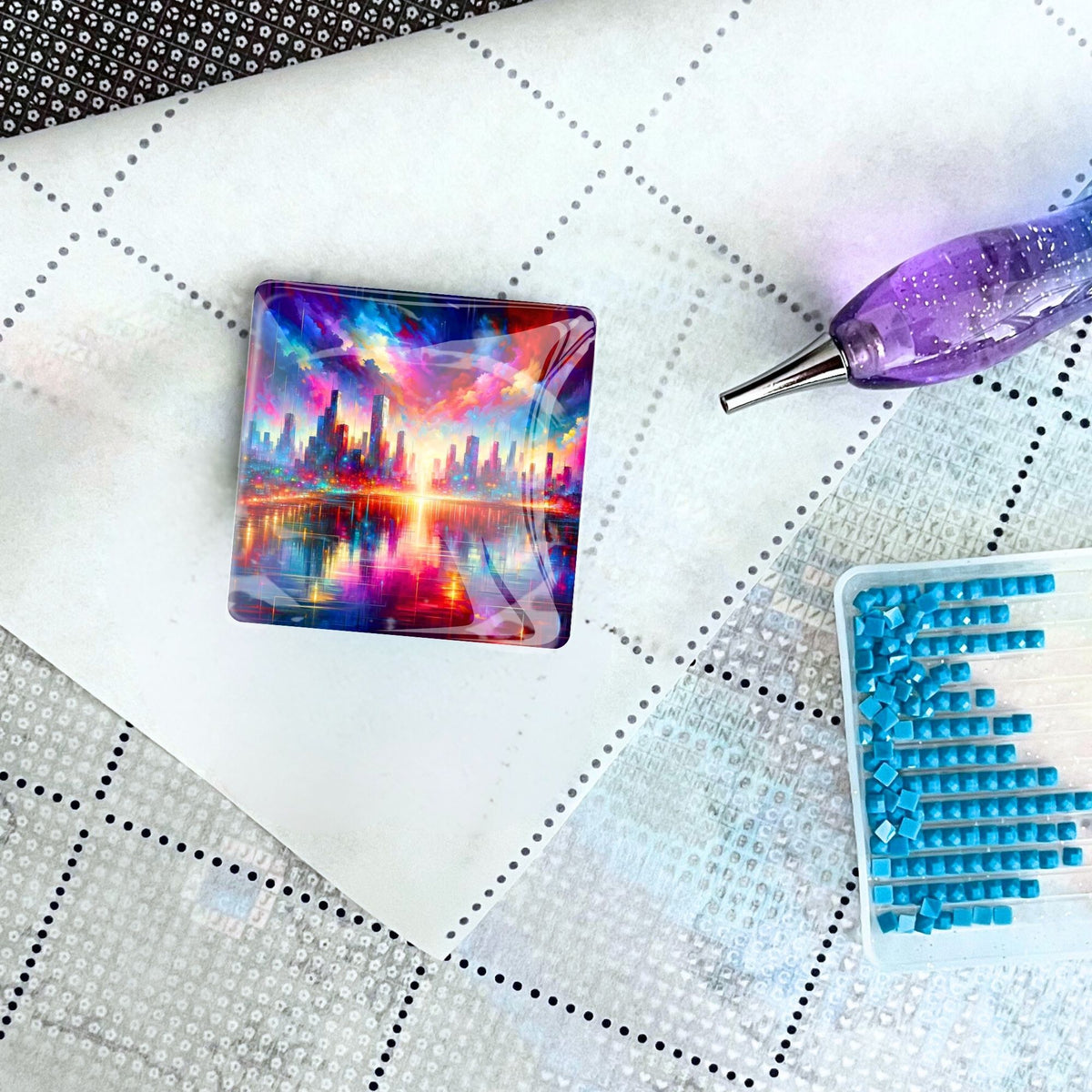Quadratischer Cover Minder mit bunter Skyline auf Diamond Painting Leinwand mit Glitzerstift und blauem Steinchen-Set
