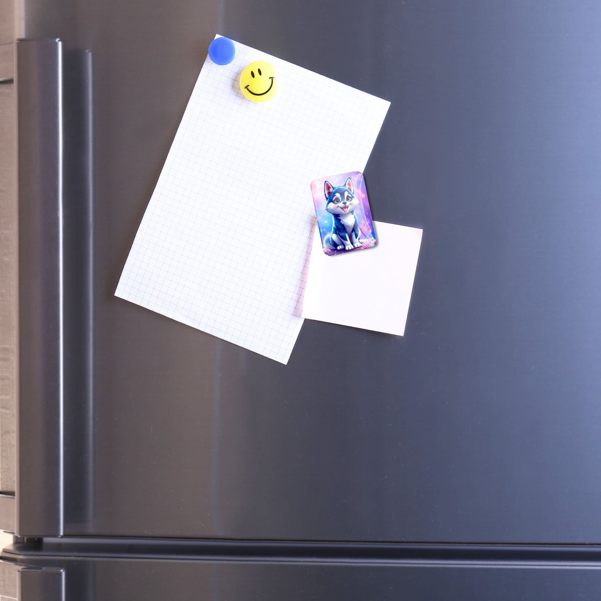 Glas Cover Minder mit Husky Motiv als praktisches Zubehör für Diamond Painting auf einem Kühlschrank