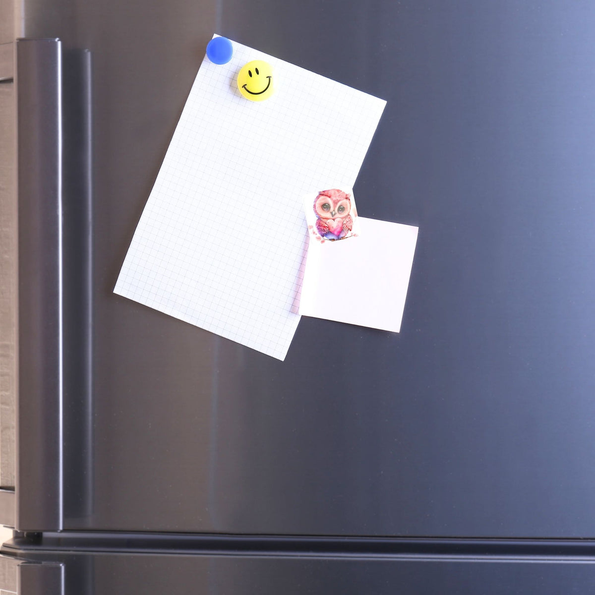 Eulen Cover Minder aus Glas als magnetisches Hilfsmittel für dein Diamond Painting Design an einem Kühlschrank gehalten