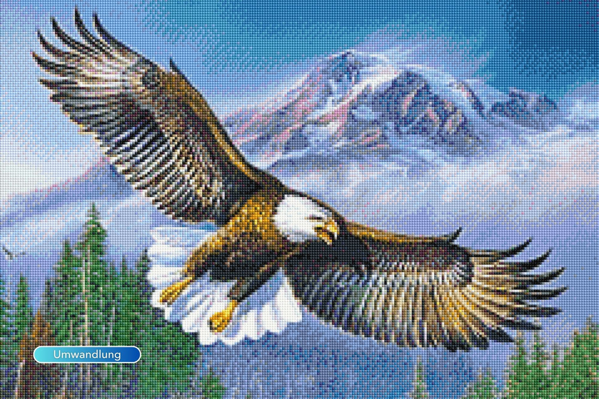 Diamond Painting Adler der Berge Motiv mit fliegendem Weißkopfseeadler vor einer detaillierten Berglandschaft