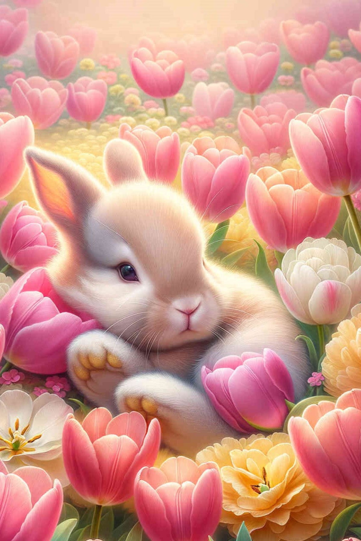 Diamond Painting Set Verträumtes Osterhäschen mit bunten Tulpen und glitzernden Steinen als niedliches Frühlingsmotiv