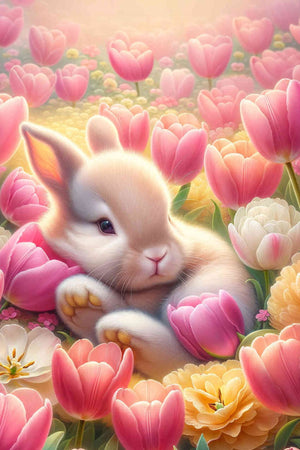 Diamond Painting Set Verträumtes Osterhäschen mit bunten Tulpen und glitzernden Steinen als niedliches Frühlingsmotiv