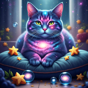 Diamond Painting Set Wächterin Andromeda: Mystische Katze mit Galaxie-Fell, Sternen und leuchtenden Kugeln im Weltraumstil.