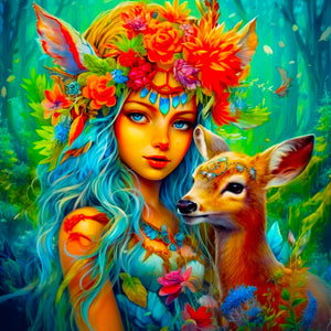 Buntes Diamond Painting Set Waldmädchen mit blauhaariger Fee, Blumenkranz und Reh in lebendiger Fantasy-Waldlandschaft.