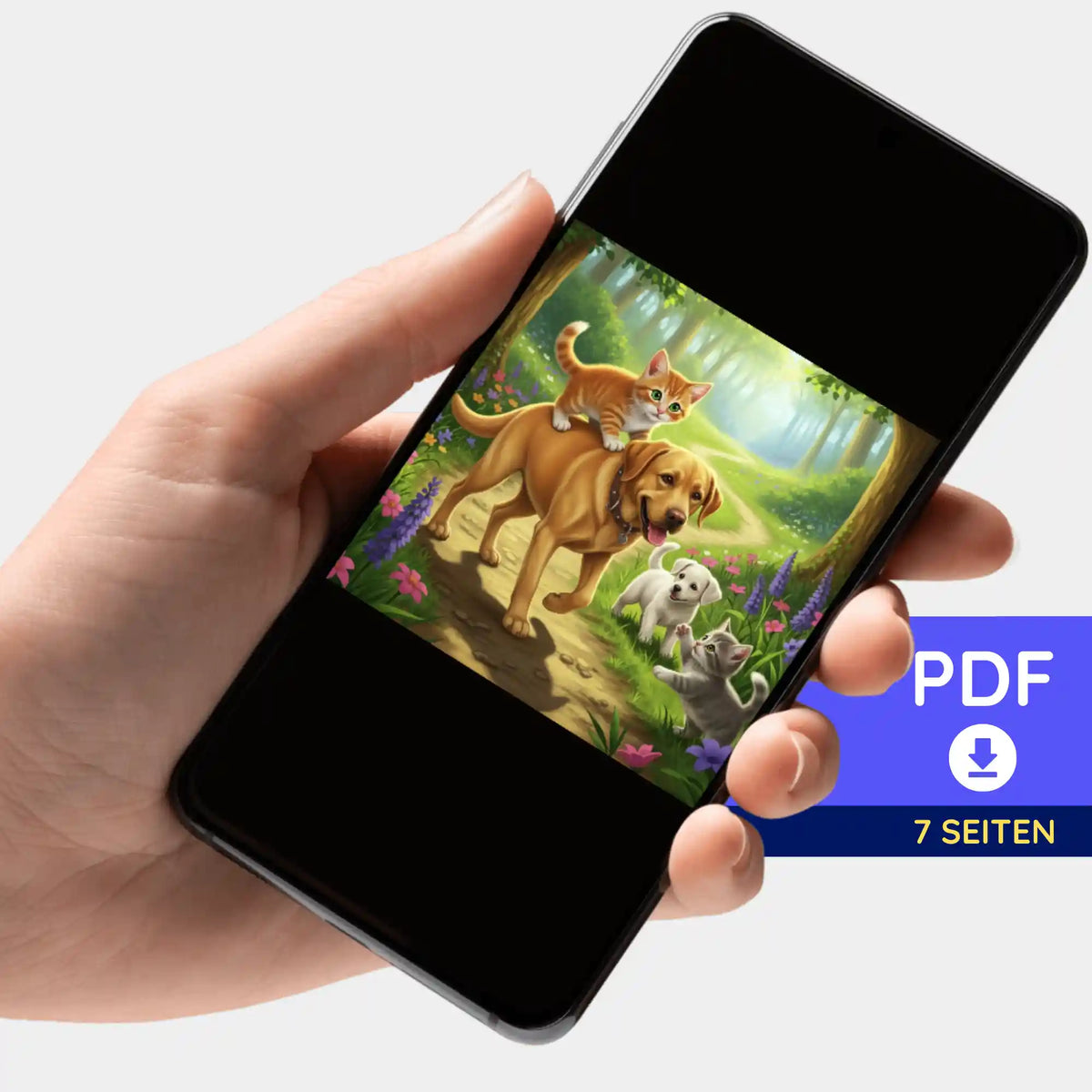 Digitale PDF-Bildmappe für Diamond Painting Motiv Waldspaziergang mit Hund und Katzen auf Smartphone als Download