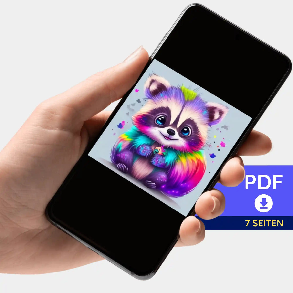 Digitale PDF-Bildmappe mit buntem Waschbär-Motiv zum Download für Diamond Painting und kreative DIY-Projekte