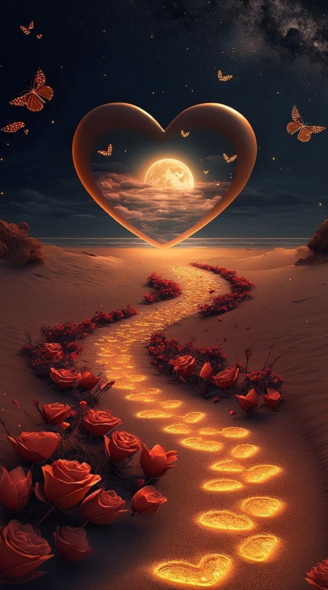 Diamond Painting Set Weg der Liebe: Herz, Mond, leuchtender Rosenpfad am Strand mit Schmetterlingen in sanften Farben