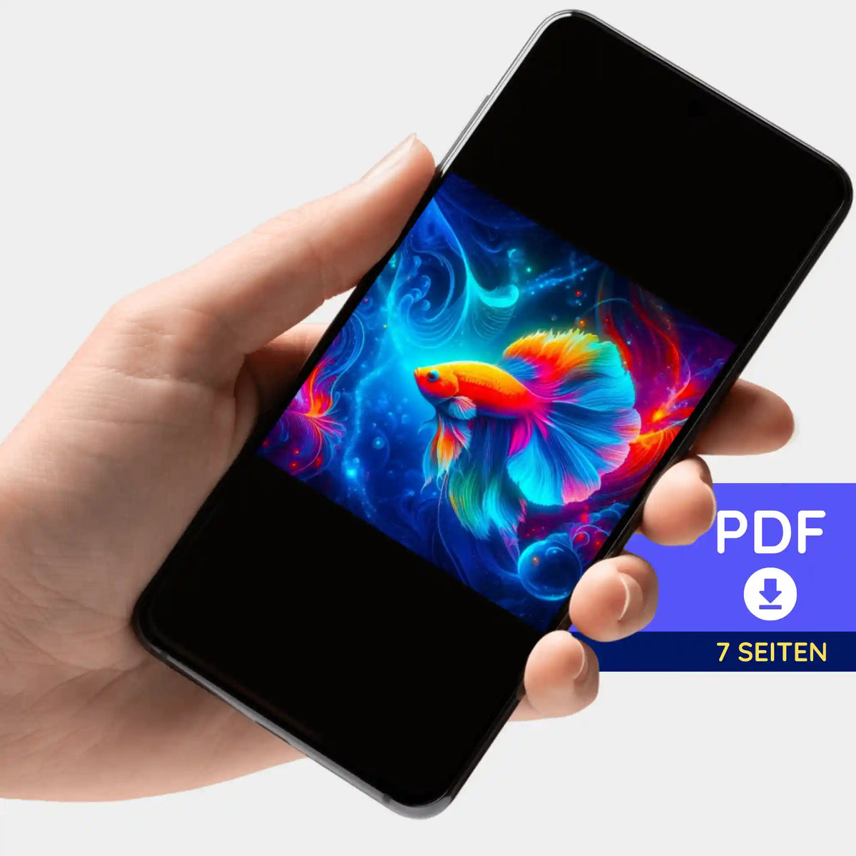 Digitale PDF-Bildmappe zum Diamond Painting mit buntem Fisch-Motiv Wunderwelt unter Wasser auf einem Smartphone