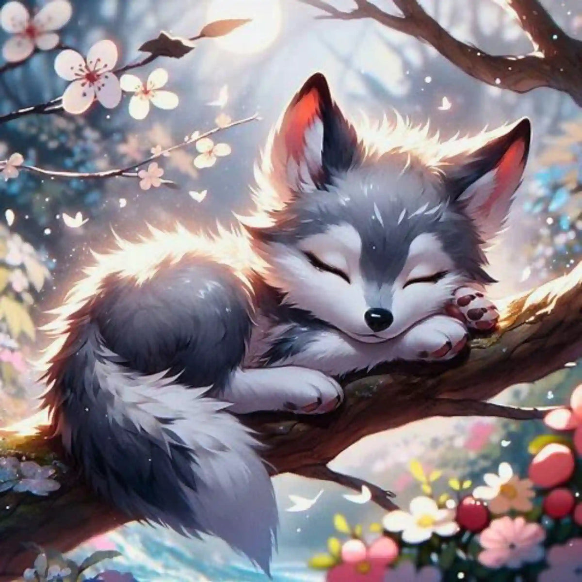 Diamond Painting Set eines süßen Wolfjunges, das in einem Kirschblütenbaum schläft – perfekt für entspannendes Basteln