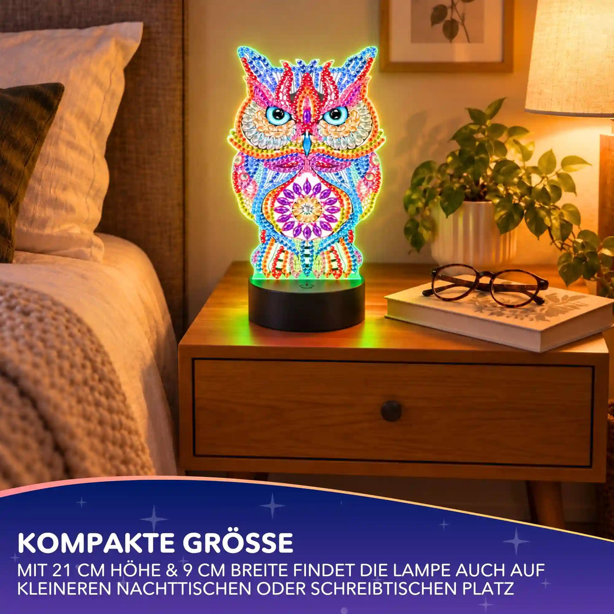 Picmondoo Diamond Painting LED Lampe Eule: Bunt funkelndes Eulen-Nachtlicht auf dem Nachttisch