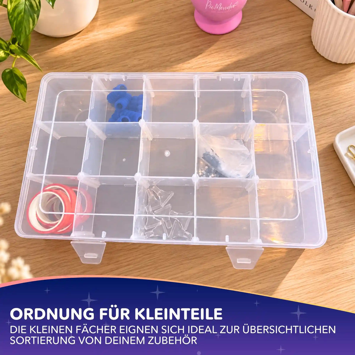 Transparente Diamond Painting Aufbewahrungsbox mit 15 Fächern für Zubehör wie Steinchen und Werkzeug.