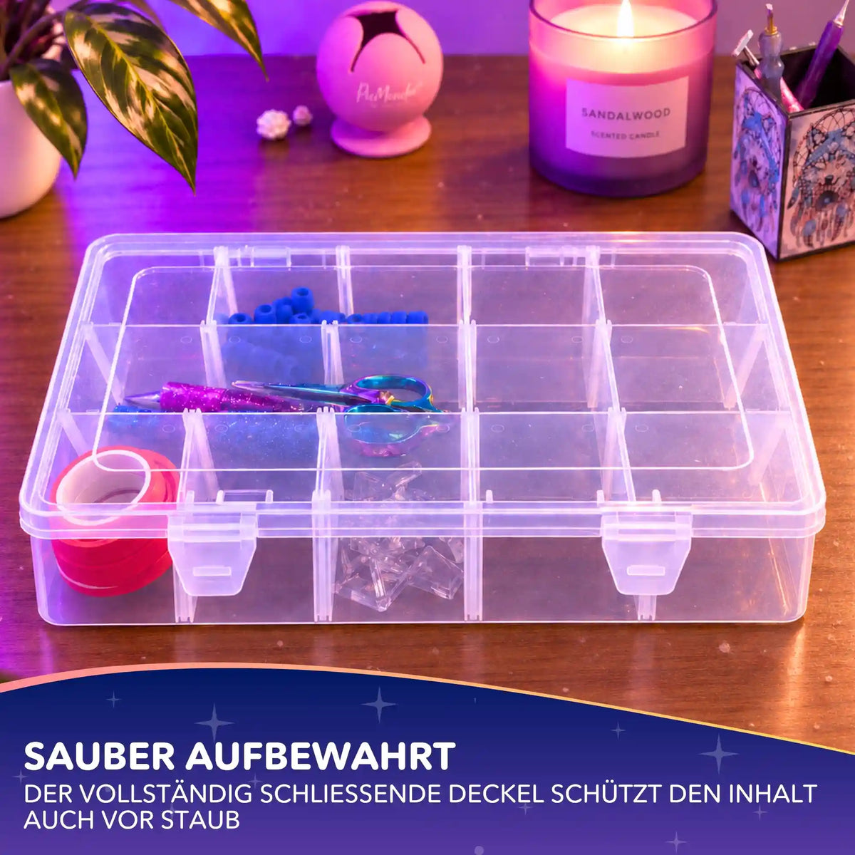 Transparente Diamond Painting Aufbewahrungsbox mit 15 Fächern für Zubehör wie Stifte, Schere und Steinchen.