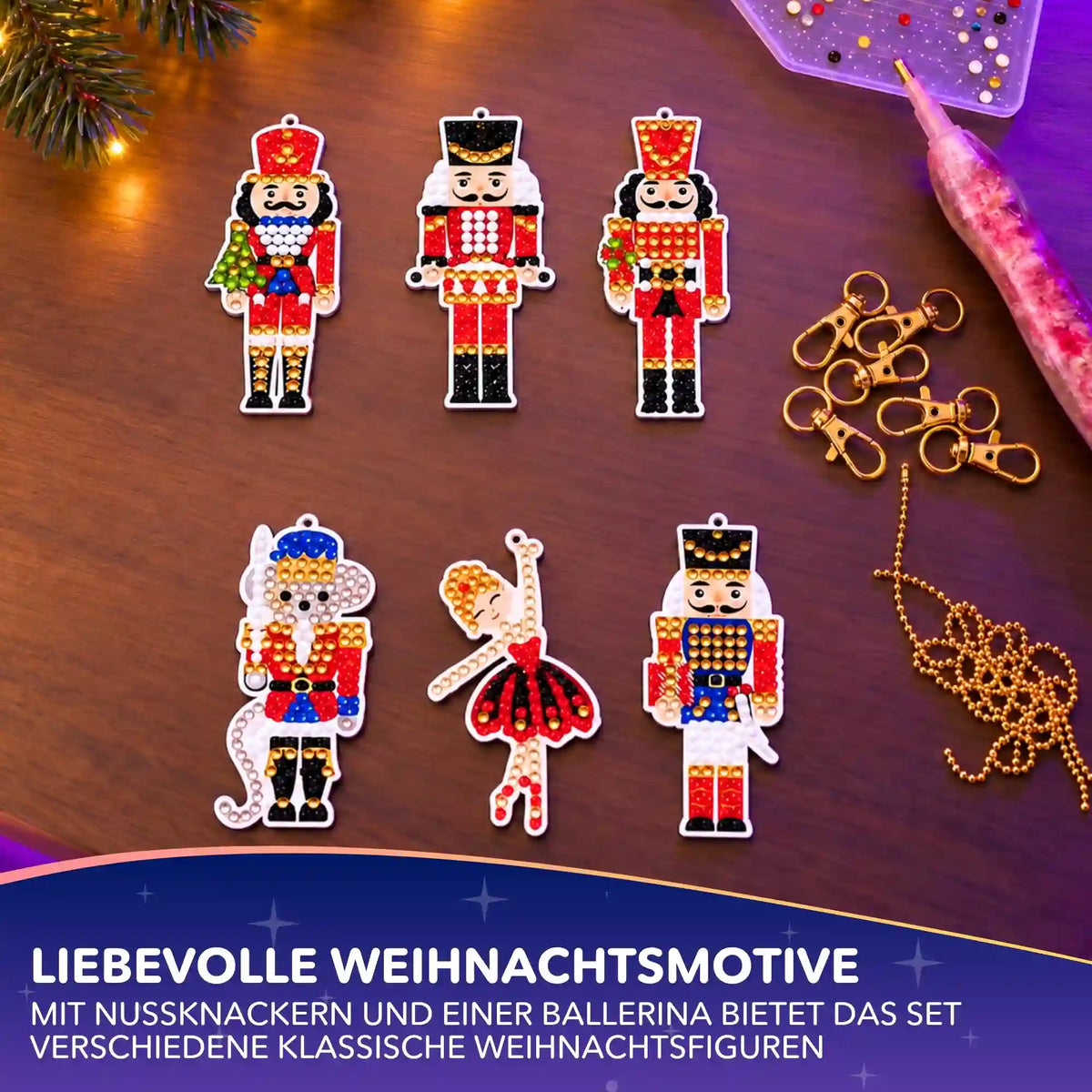 Diamond Painting Schlüsselanhänger Set mit funkelnden Nussknacker- und Ballerina-Motiven als DIY-Weihnachtsdeko.