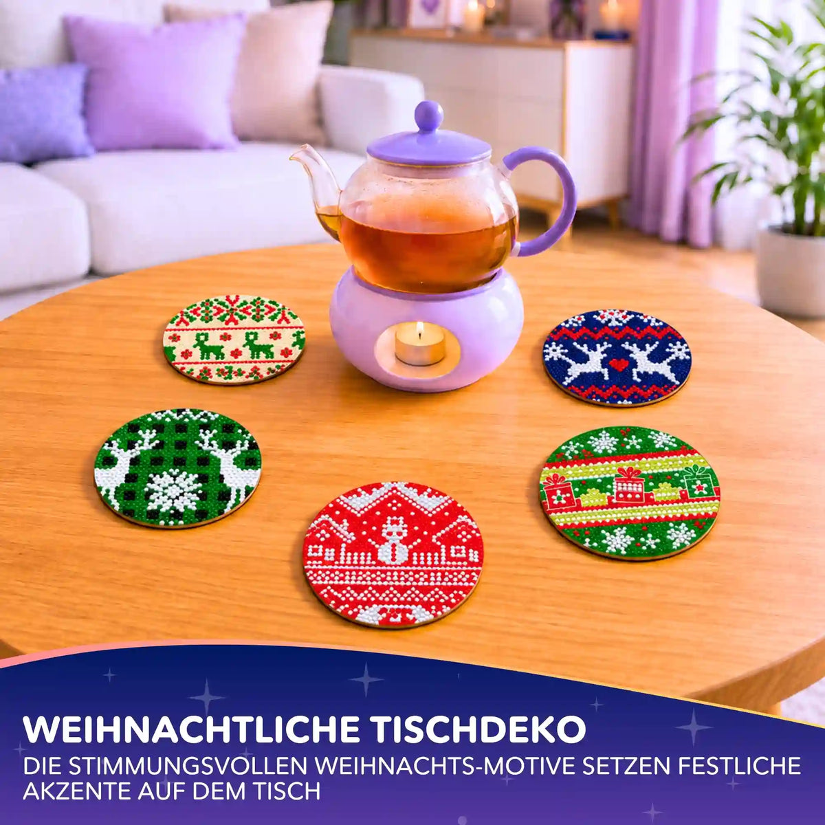 Diamond Painting Untersetzer mit festlichen Weihnachtsmotiven wie Schneemann und Rentier als glitzernde DIY-Tischdeko.