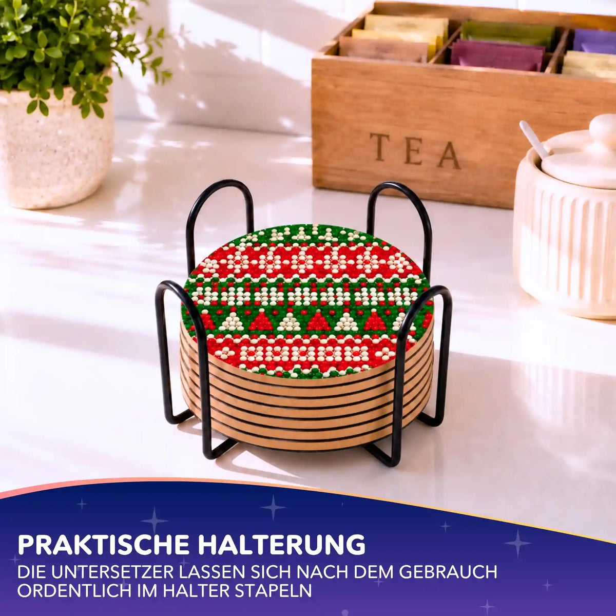 Diamond Painting Untersetzer mit Weihnachtsmotiv gestapelt im praktischen Metallhalter