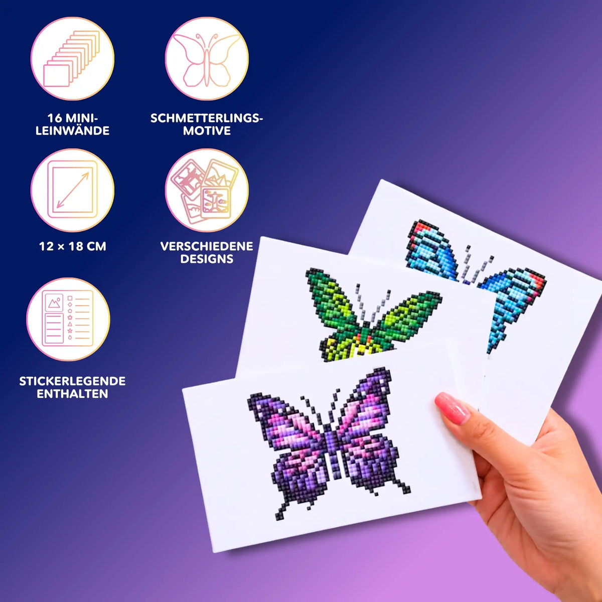 Mini Diamond Painting Set mit 16 bunten Schmetterling Motiven auf 12x18 cm Leinwänden für kreativen Bastelspaß.