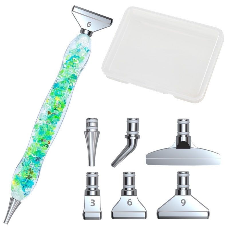 Ergonomischer Diamond Painting Stift mit Glitzer-Design und 6 vielseitigen Metall-Aufsätzen inklusive Ablagebox