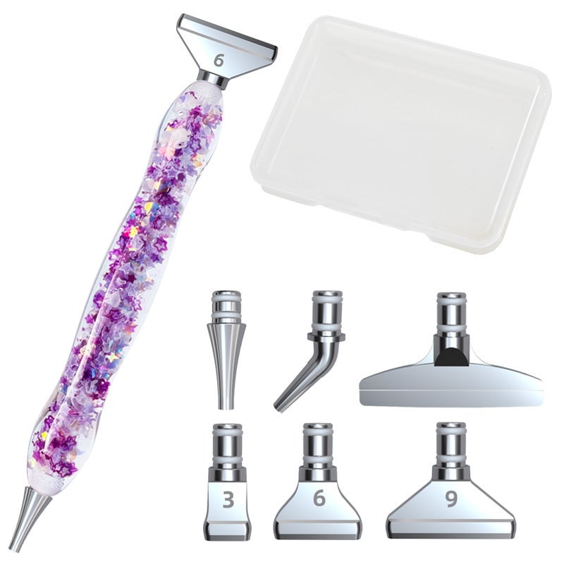 Ergonomischer Diamond Painting Stift mit lila Glitzer-Füllung, inklusive 6 Aufsätzen und Ablage-Schale als Bastel-Zubehör