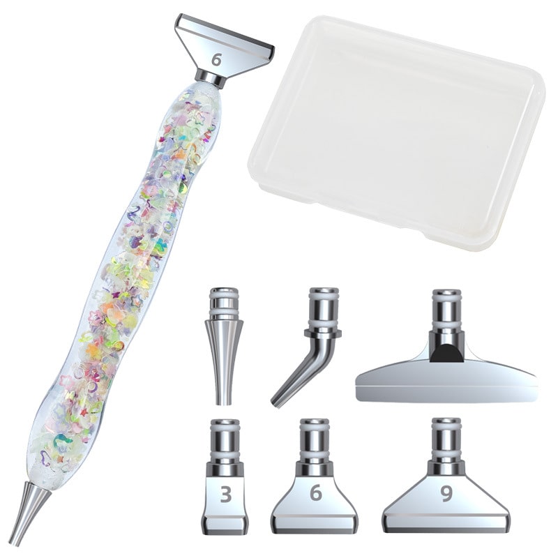 Ergonomischer Diamond Painting Leuchtstift mit Glitzer-Design und 6 vielseitigen Aufsätzen sowie Ablageschale