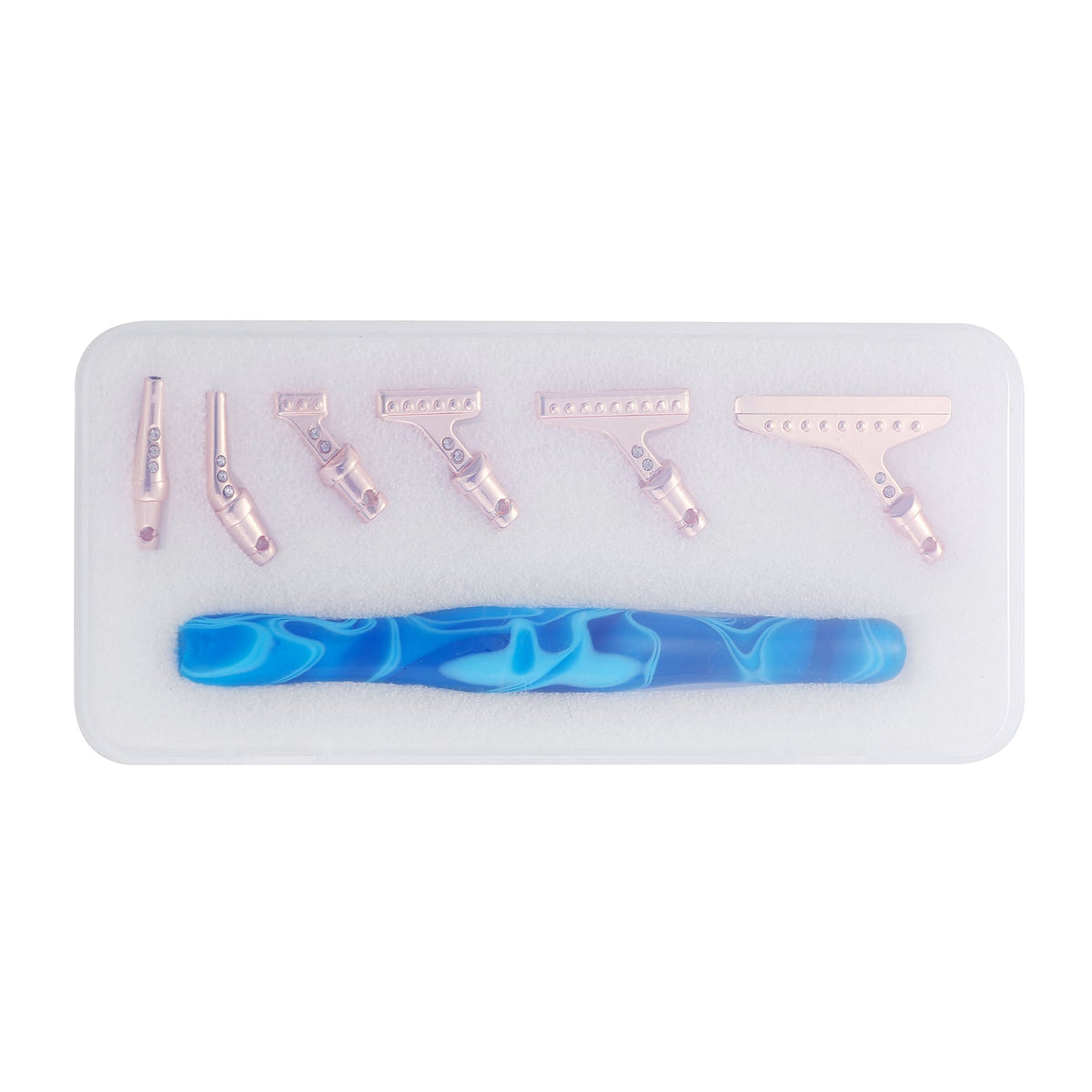 Ergonomischer Diamond Painting Stift in Blau-Optik mit roségoldenen Aufsätzen in einer Aufbewahrungsbox