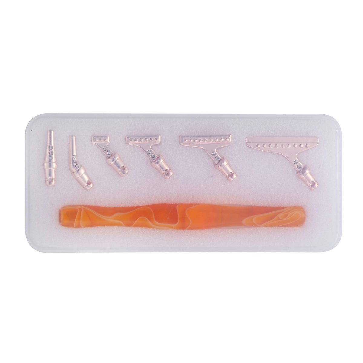 Ergonomischer Diamond Painting Stift in Orange mit roségoldenen Aufsätzen in Aufbewahrungsbox für DIY-Zubehör