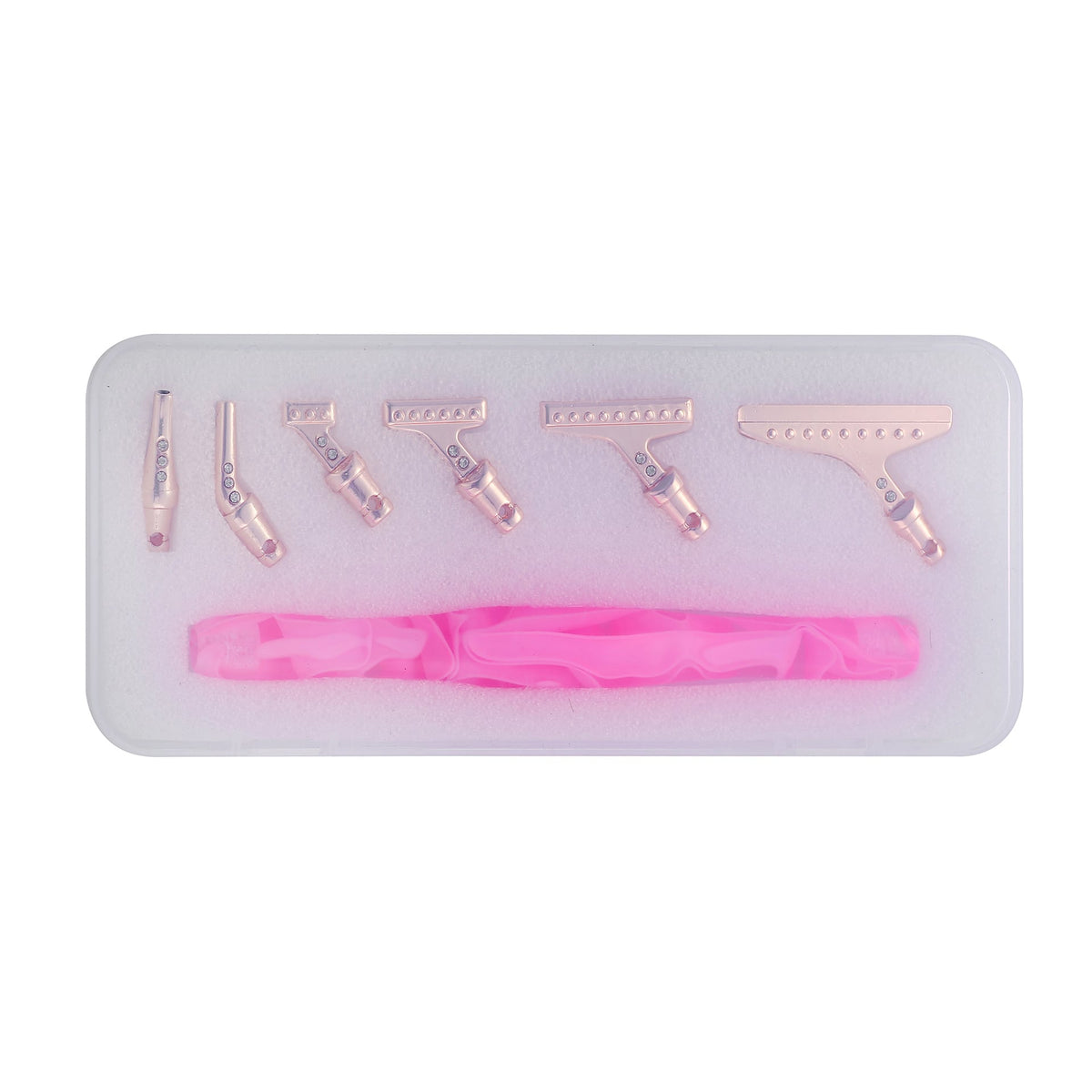 Ergonomischer Diamond Painting Stift in Pink mit roségoldenen Aufsätzen in Aufbewahrungsbox als Zubehör