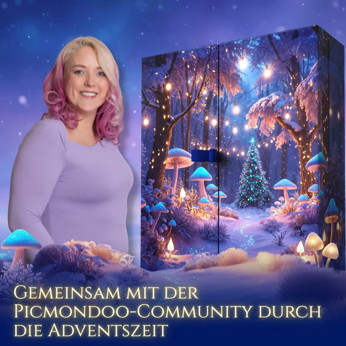 Frau präsentiert den weihnachtlichen Picmondoo Diamond Painting Adventskalender 2026 mit magischem Winterwald-Motiv