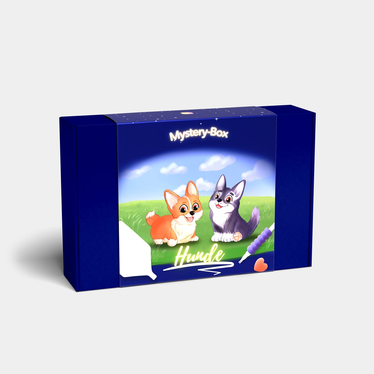 Blaue Diamond Painting Mystery-Box mit Hunde-Motiv, niedlichen Welpen auf der Wiese und Malzubehör für kreative Bastler.