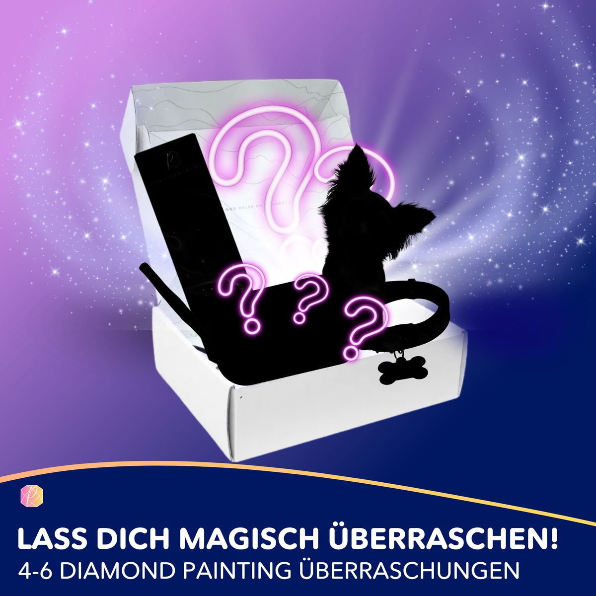 Diamond Painting Mystery-Box mit Hunde-Motiven und leuchtenden Fragezeichen für kreative DIY-Projekte.