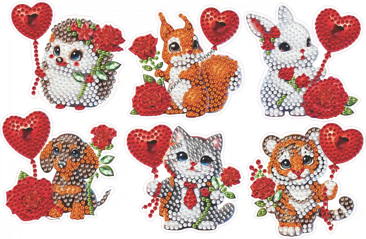 Diamond Painting Kühlschrankmagnete Set als süße Tiere mit roten Herzen und Blumen für Kinder und Erwachsene