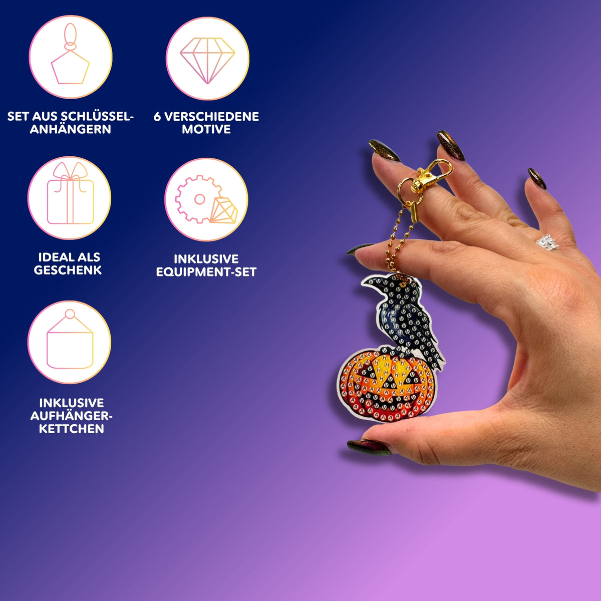 Diamond Painting Halloween Schlüsselanhänger mit Kürbis und Rabe als DIY-Bastelset für Anfänger
