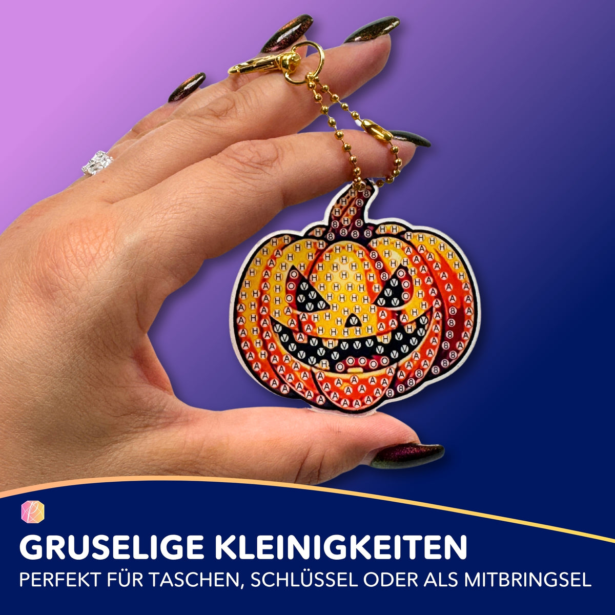 Diamond Painting Schlüsselanhänger als Halloween Kürbis mit Symbolen zum Basteln für Kinder und Erwachsene