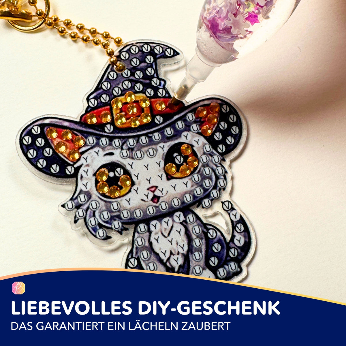 Diamond Painting Schlüsselanhänger Halloween Katze mit funkelnden Steinen als kreatives DIY-Bastelset