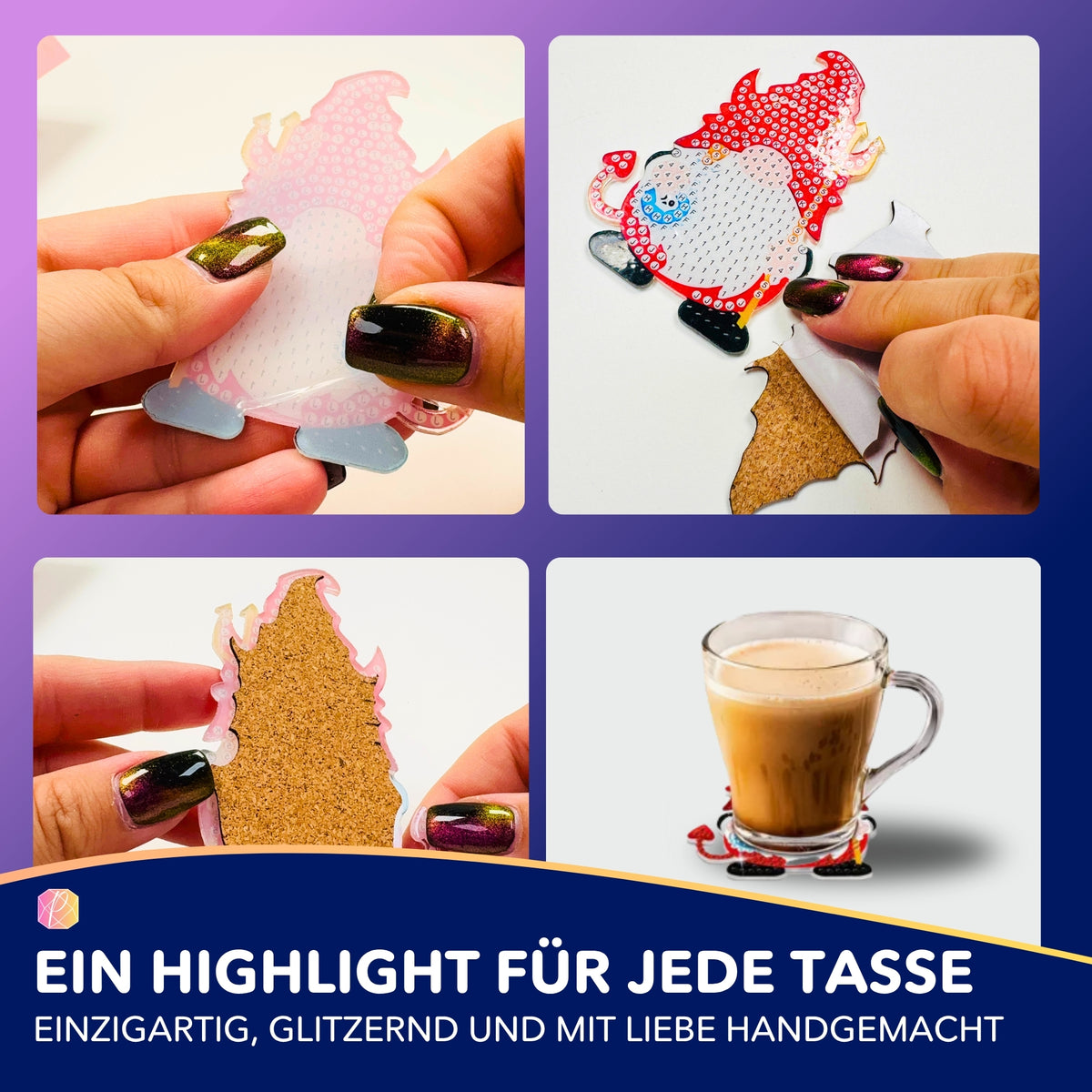DIY Diamond Painting Set Halloween Untersetzer mit Zwerg-Motiv beim Basteln und als fertiger Tassenuntersetzer